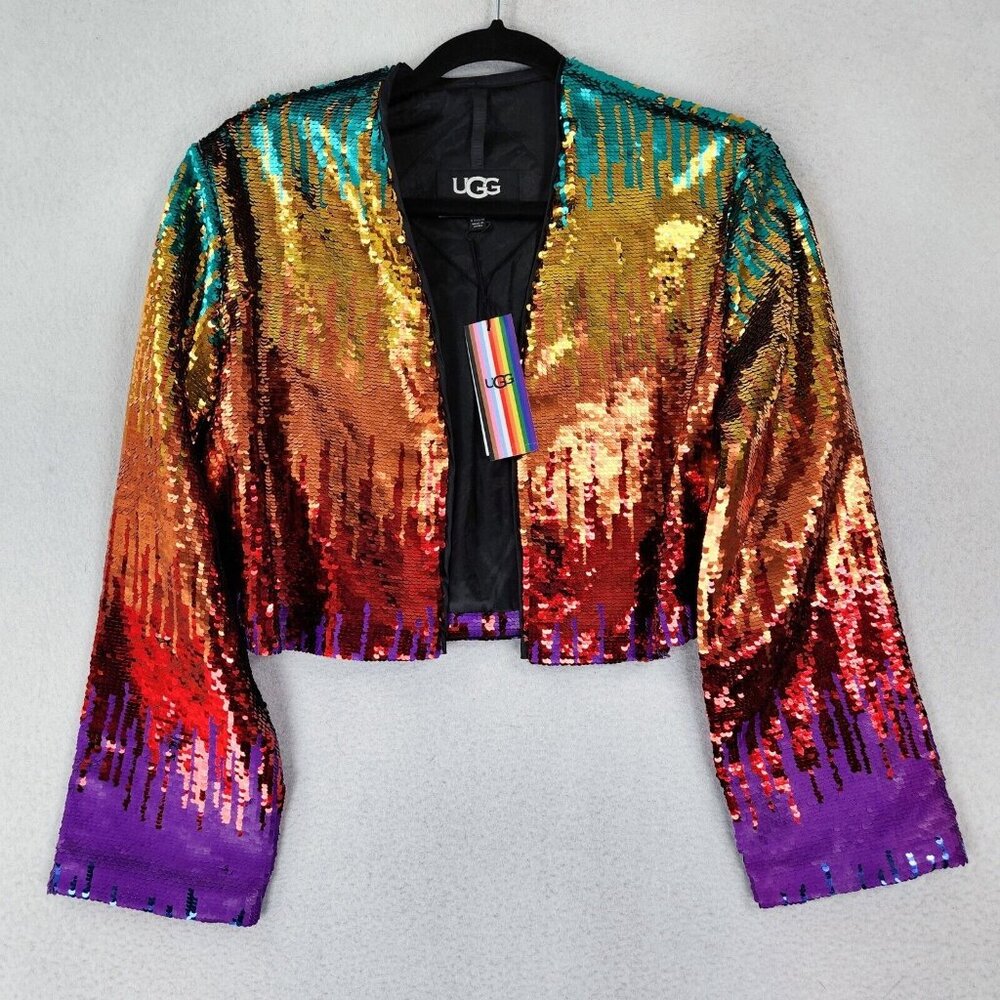UGG Jacket Womens XXS Red Yellow Rainbow Sequin Cropped Chanley Pride NEW